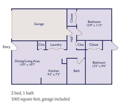 Floor plan for 2 beds, 1 bath, 865 sqft