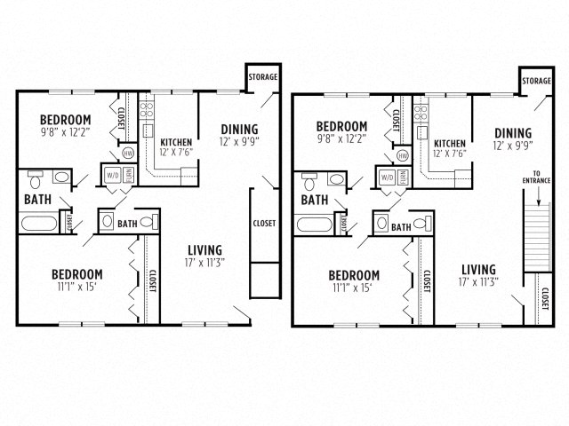 Floor plan for 2 beds, 1.5 baths, 960 sqft