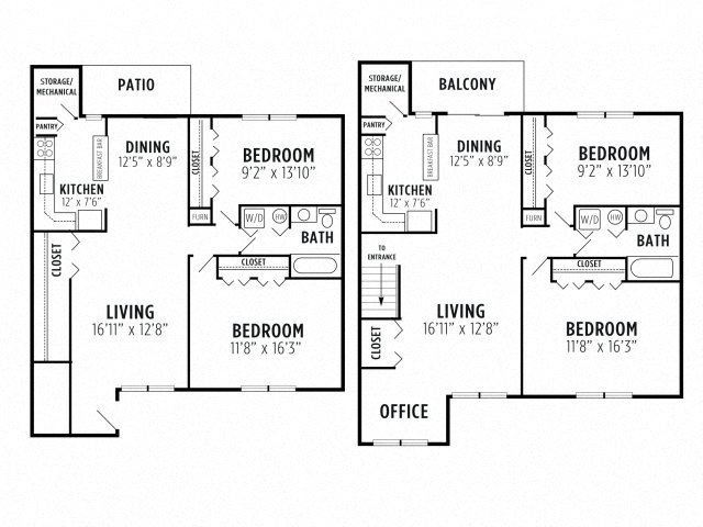 Floor plan for 2 beds, 1 bath, 1032 sqft