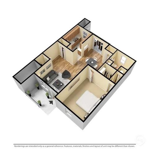 Floor plan for 1 bed, 1 bath, 840 sqft