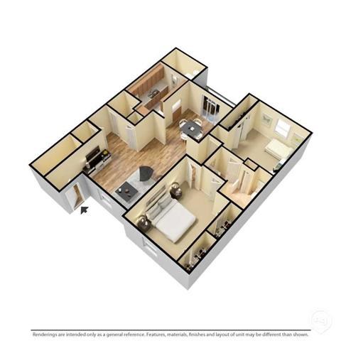 Floor plan for 2 beds, 1.5 baths, 1080 sqft
