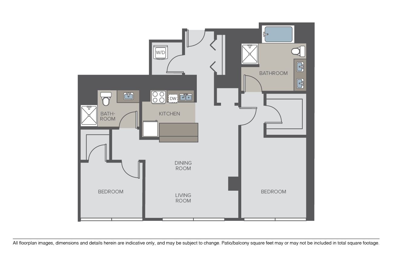 Floor plan for 2 beds, 2 baths, 1302 sqft