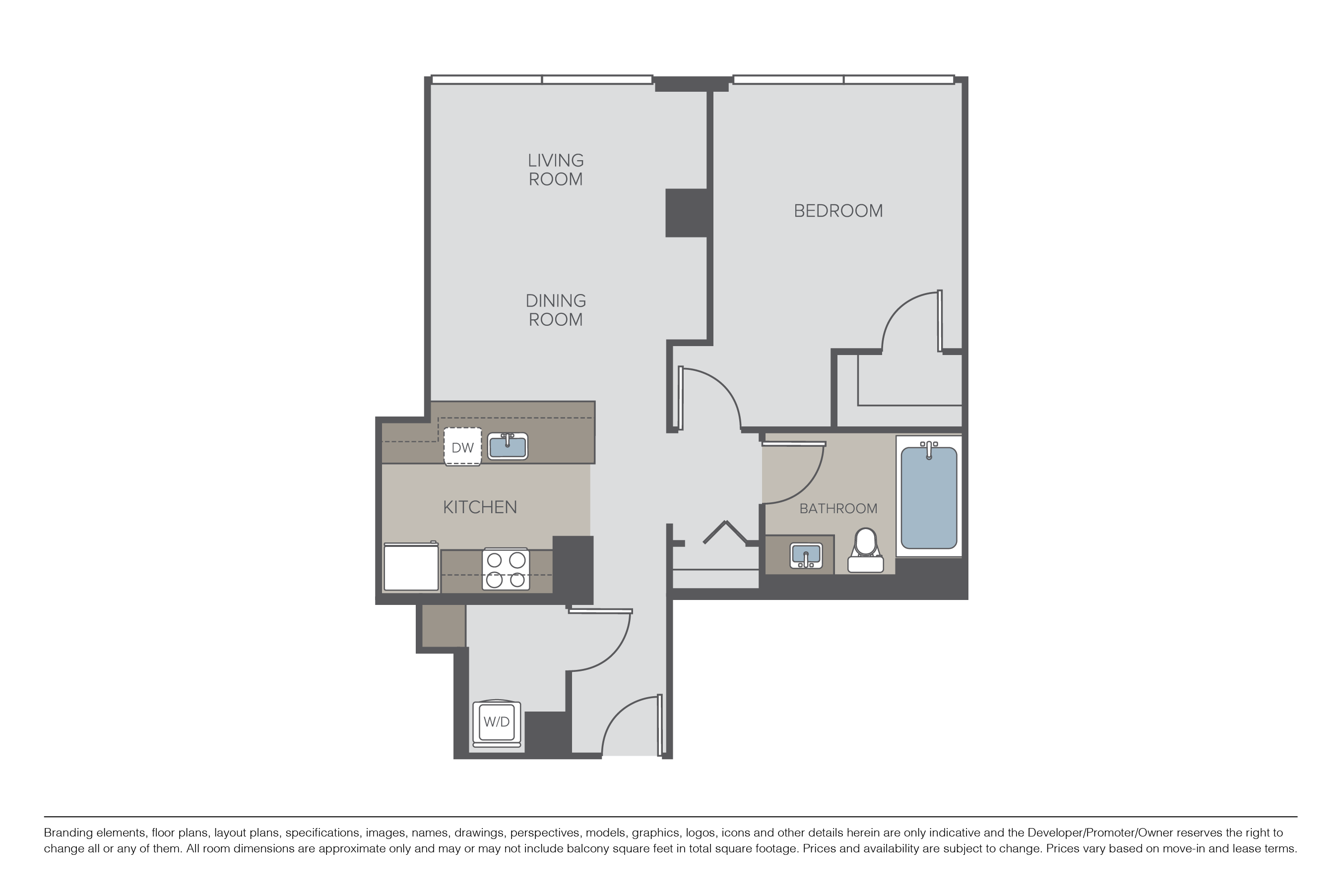 Floor plan for 1 bed, 1 bath, 817 sqft