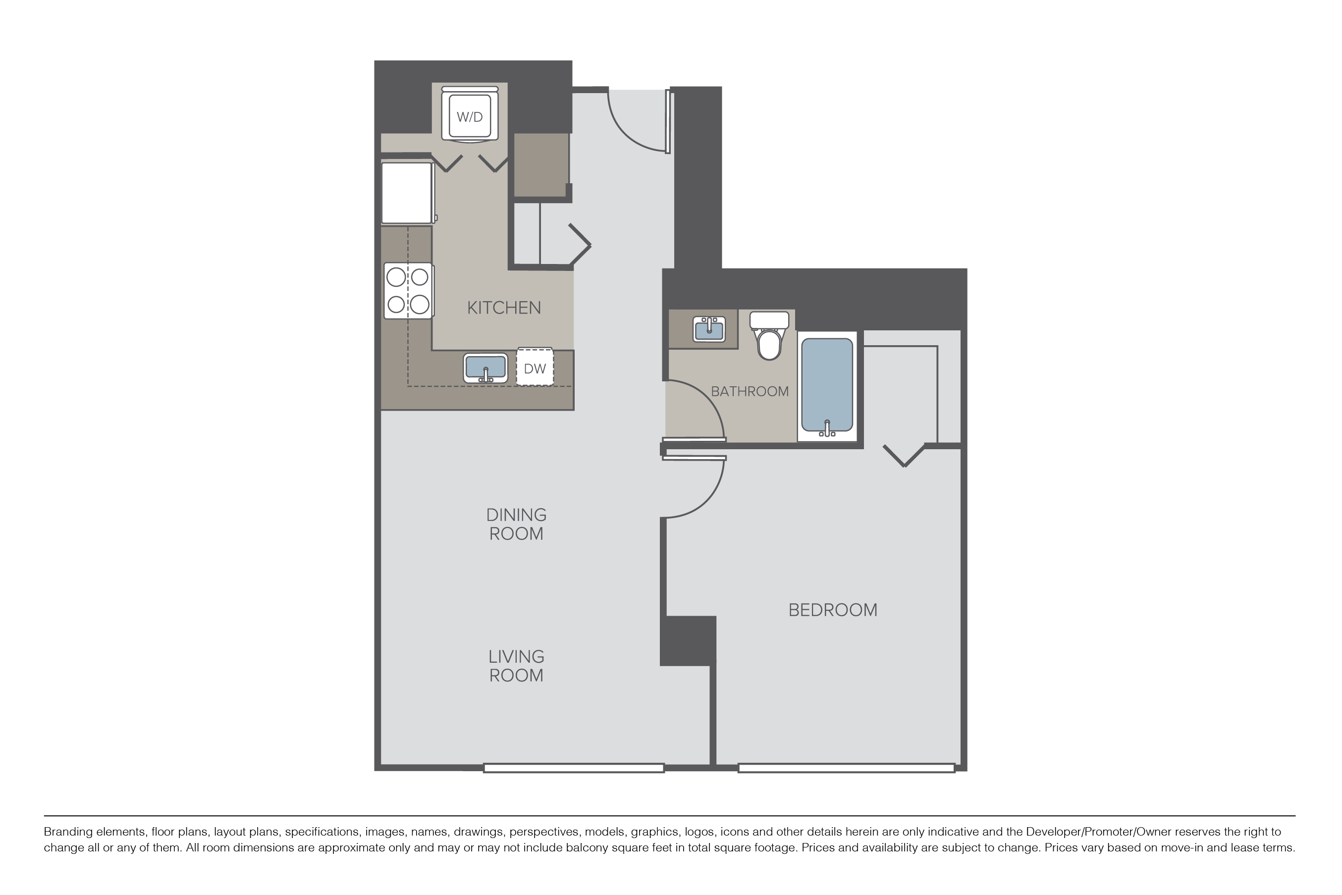 Floor plan for 1 bed, 1 bath, 940 sqft