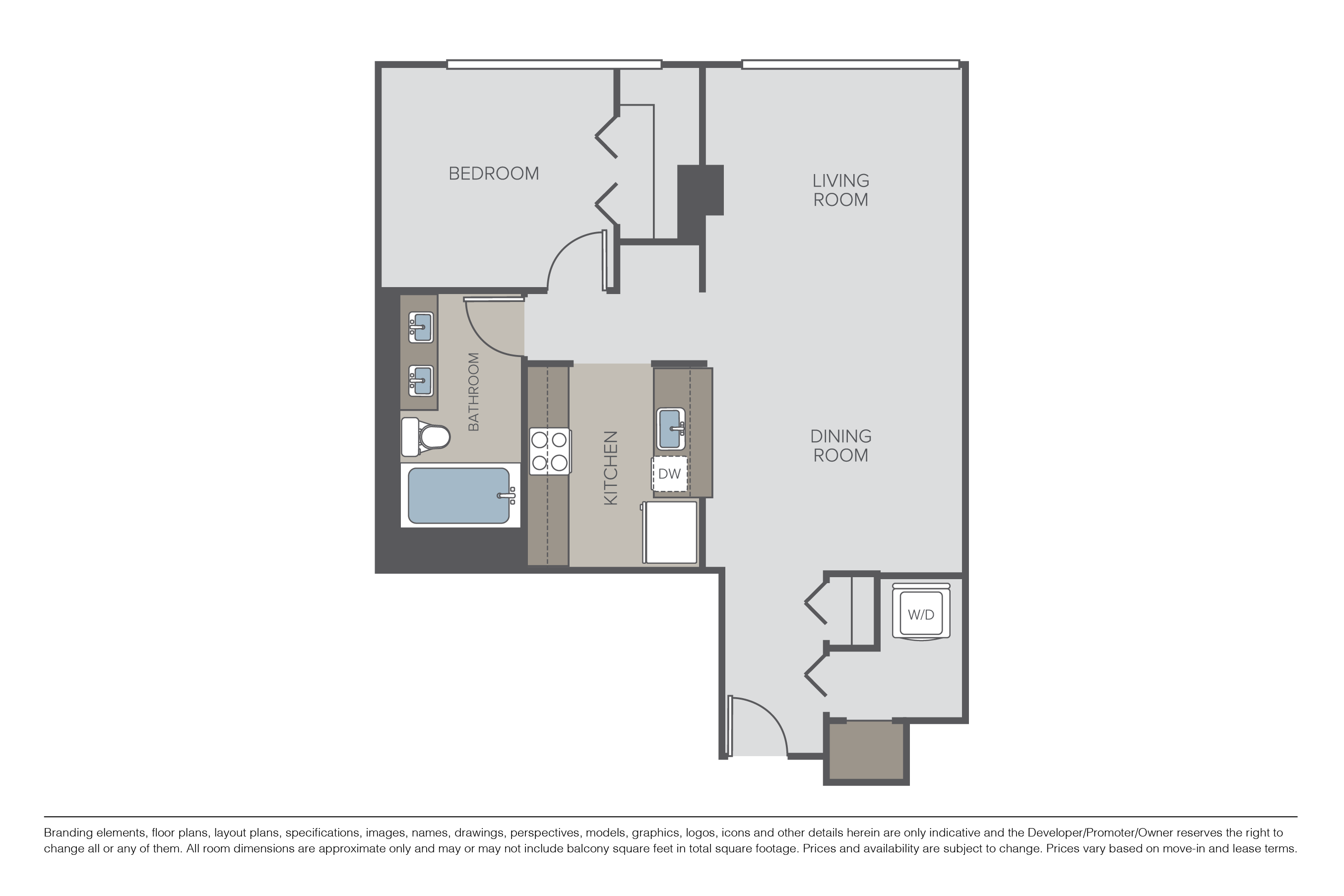 Floor plan for 1 bed, 1 bath, 910 sqft