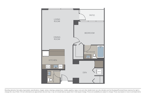 Floor plan for 1 bed, 1.5 baths, 970 sqft