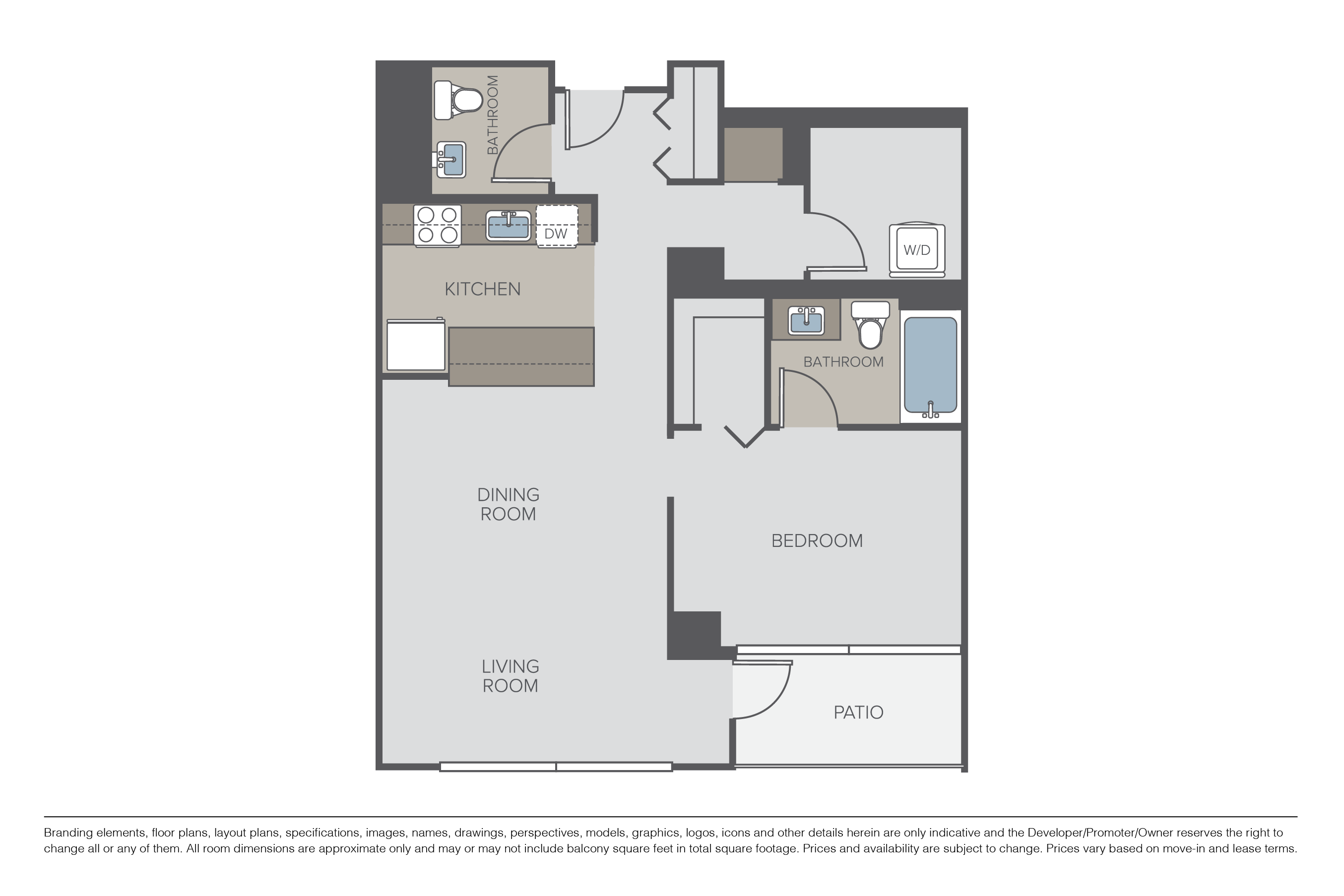 Floor plan for 1 bed, 1.5 baths, 983 sqft