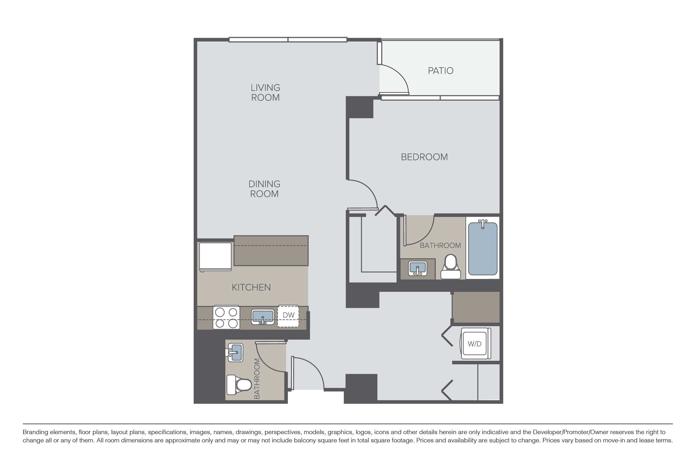 Floor plan for 1 bed, 1.5 baths, 1001 sqft