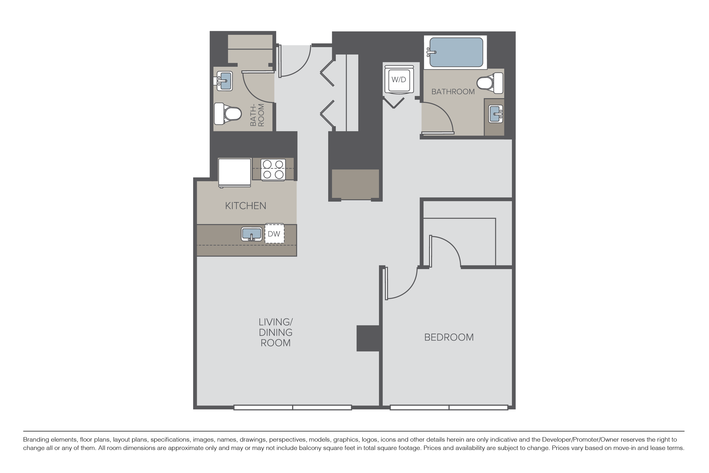 Floor plan for 1 bed, 1.5 baths, 1025 sqft