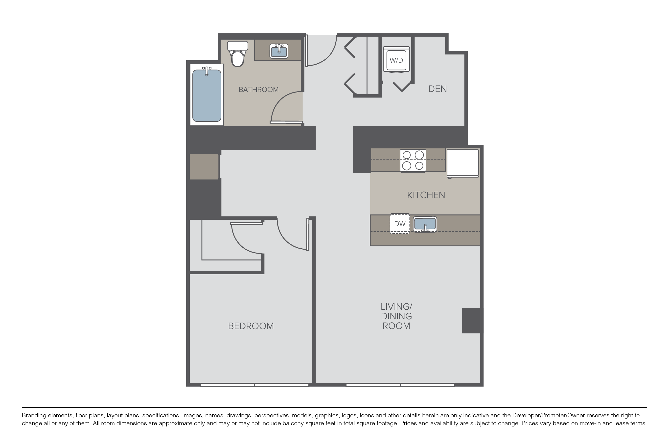 Floor plan for 1 bed, 1 bath, 1017 sqft