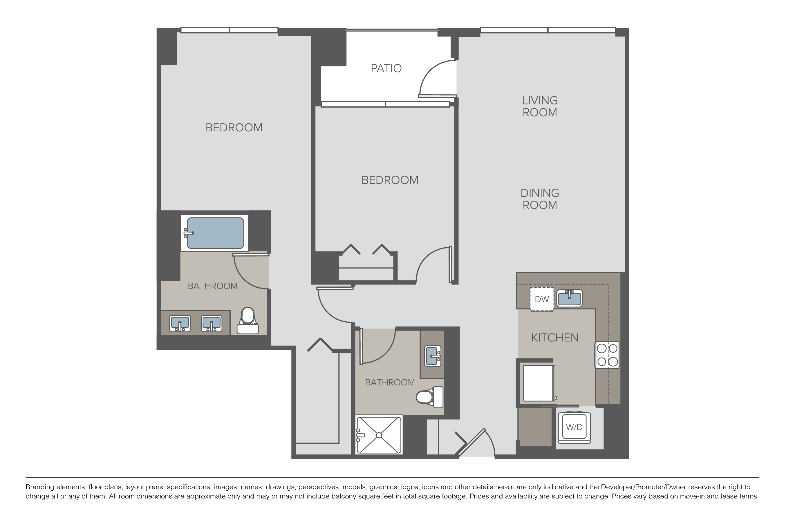 Floor plan for 2 beds, 2 baths, 1259 sqft