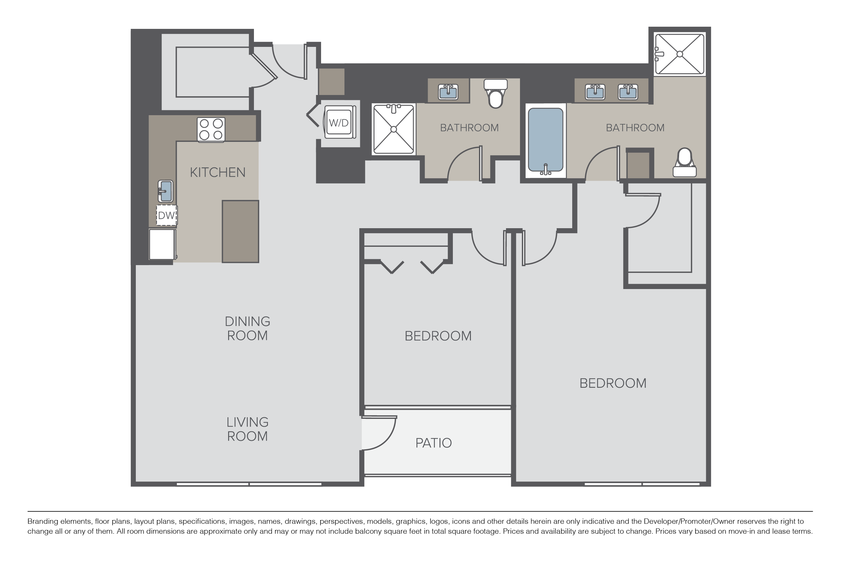 Floor plan for 2 beds, 2 baths, 1544 sqft