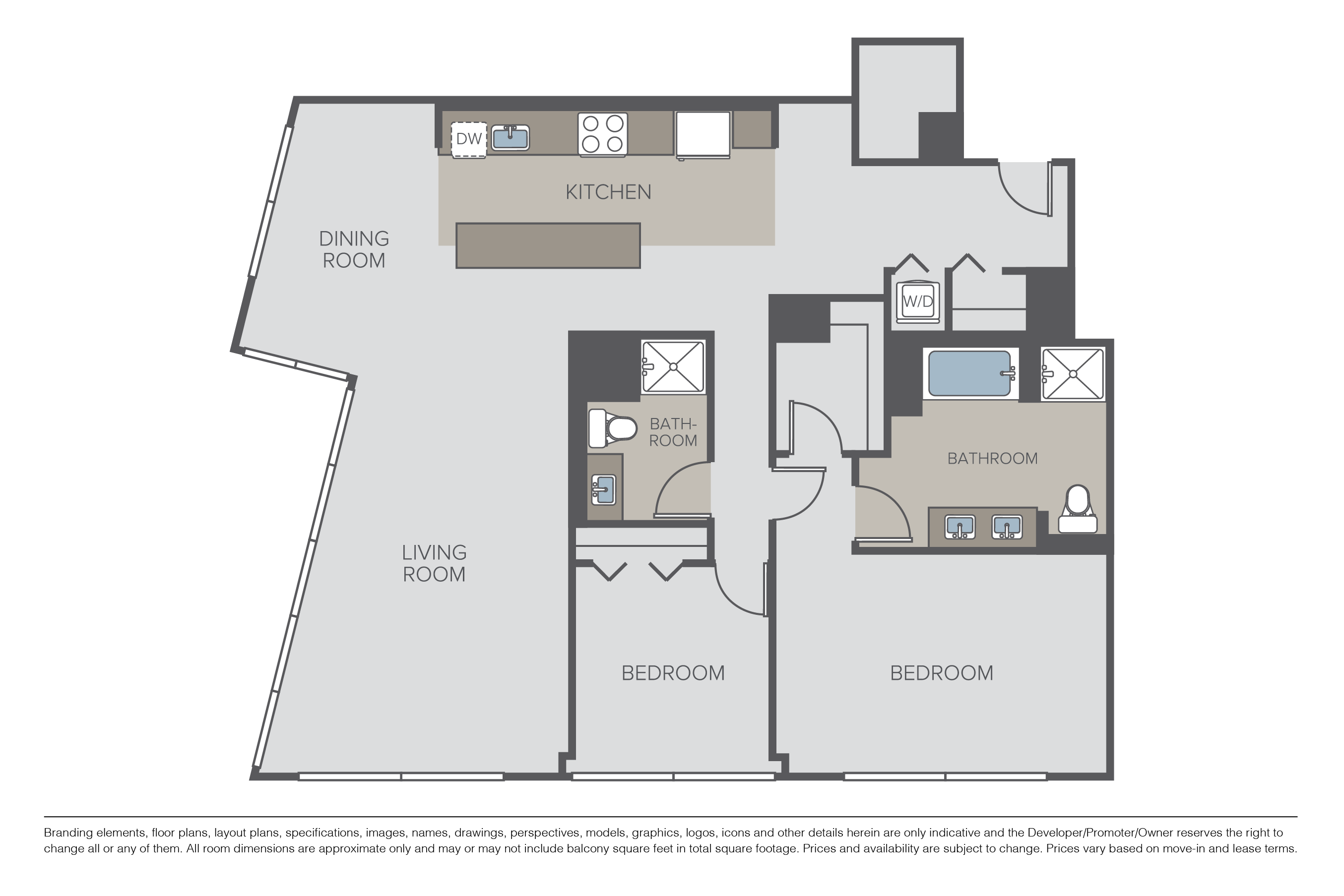 Floor plan for 2 beds, 2 baths, 1682 sqft