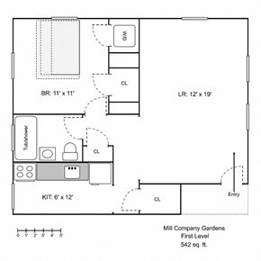 South Portland apartment for rent - A floor plan for the first level of Mill Company Gardens, which is 542 square feet.