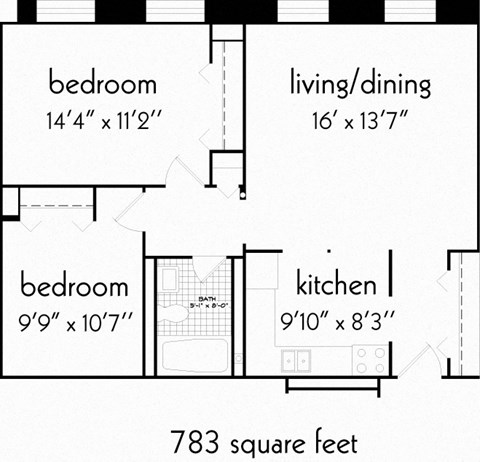 Floor plan for 2 beds, 1 bath, 767 sqft