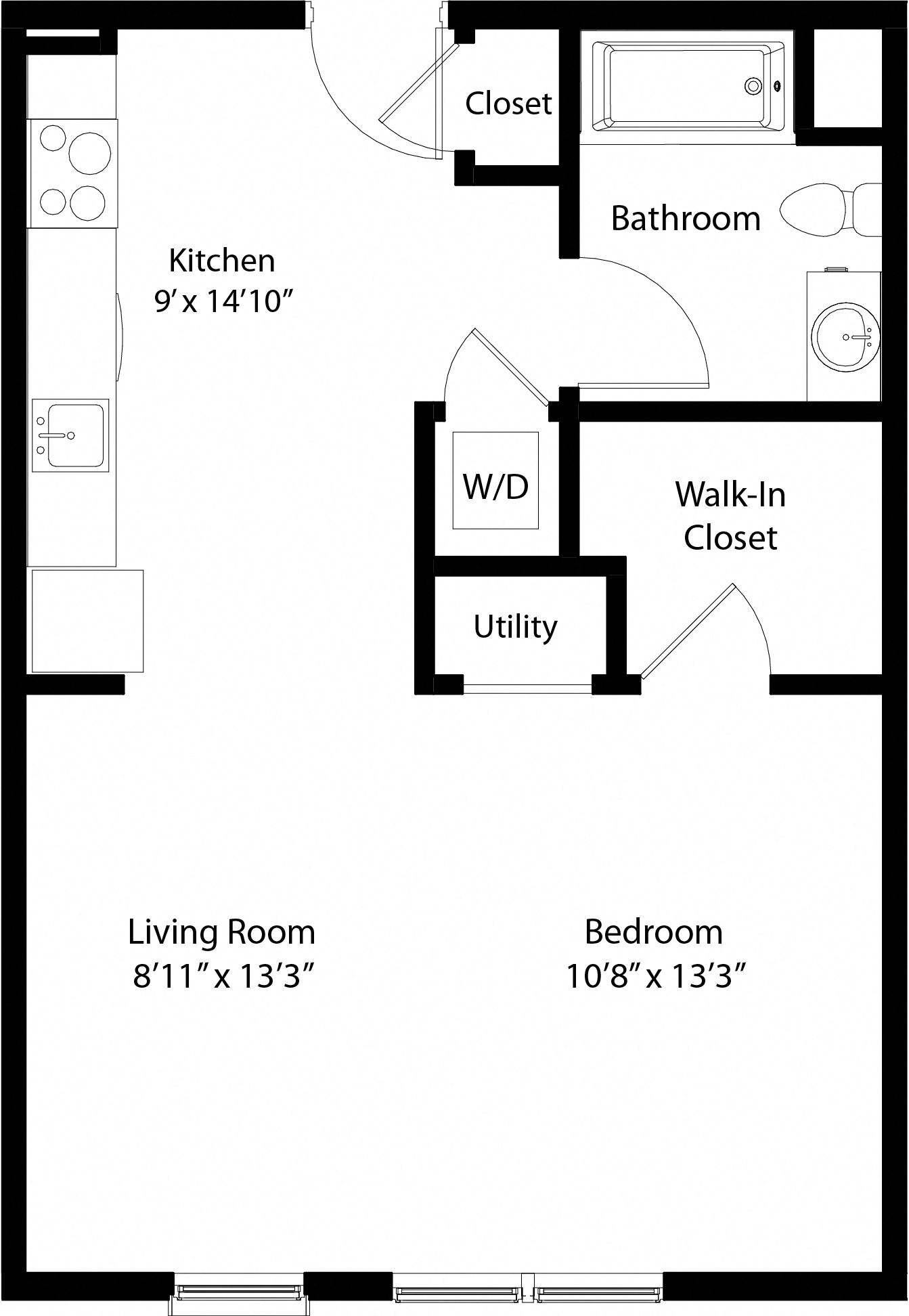 Floor plan for studio, 1 bath, 531 sqft