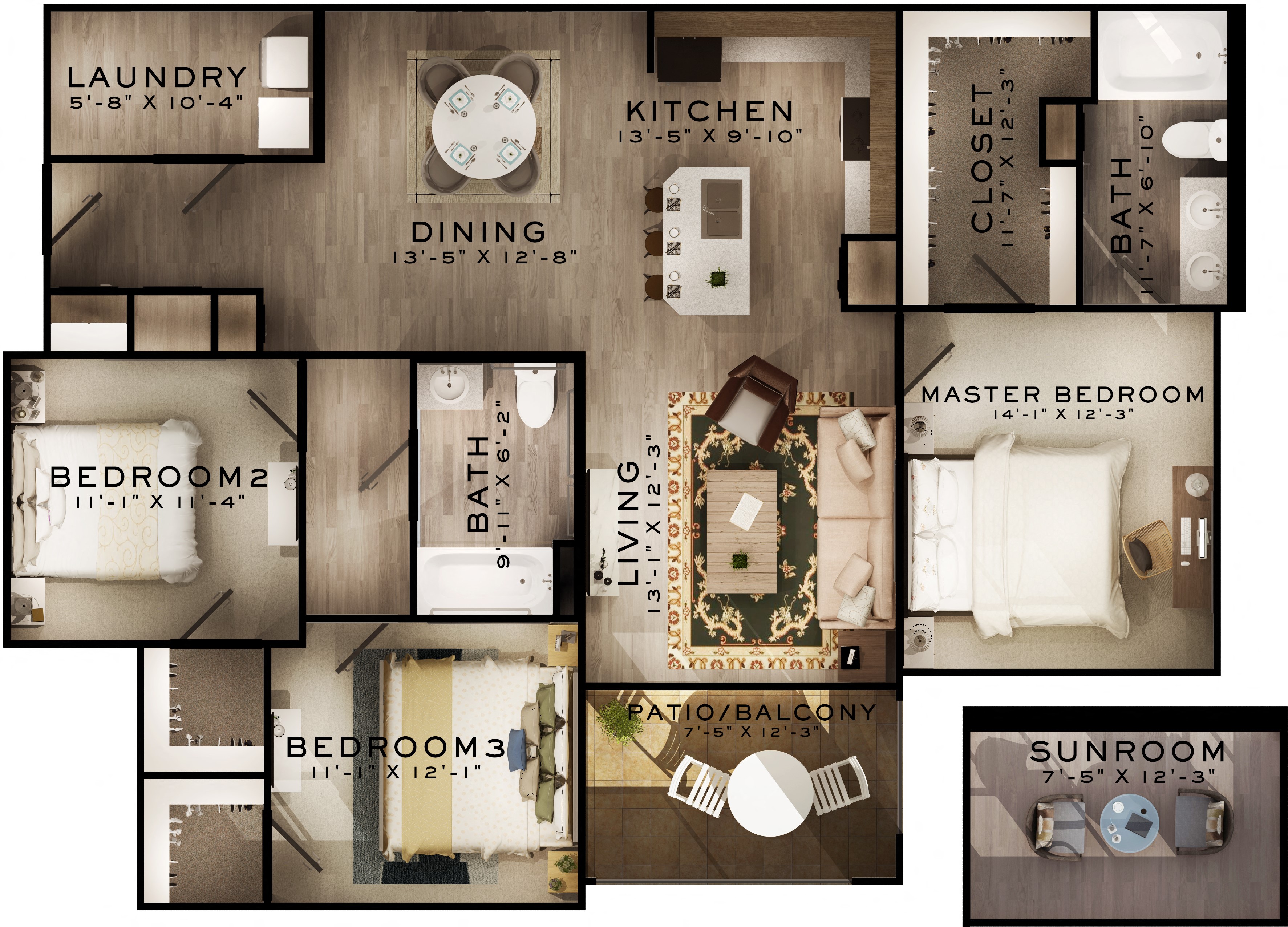Floor plan for 3 beds, 2 baths, 1373 sqft