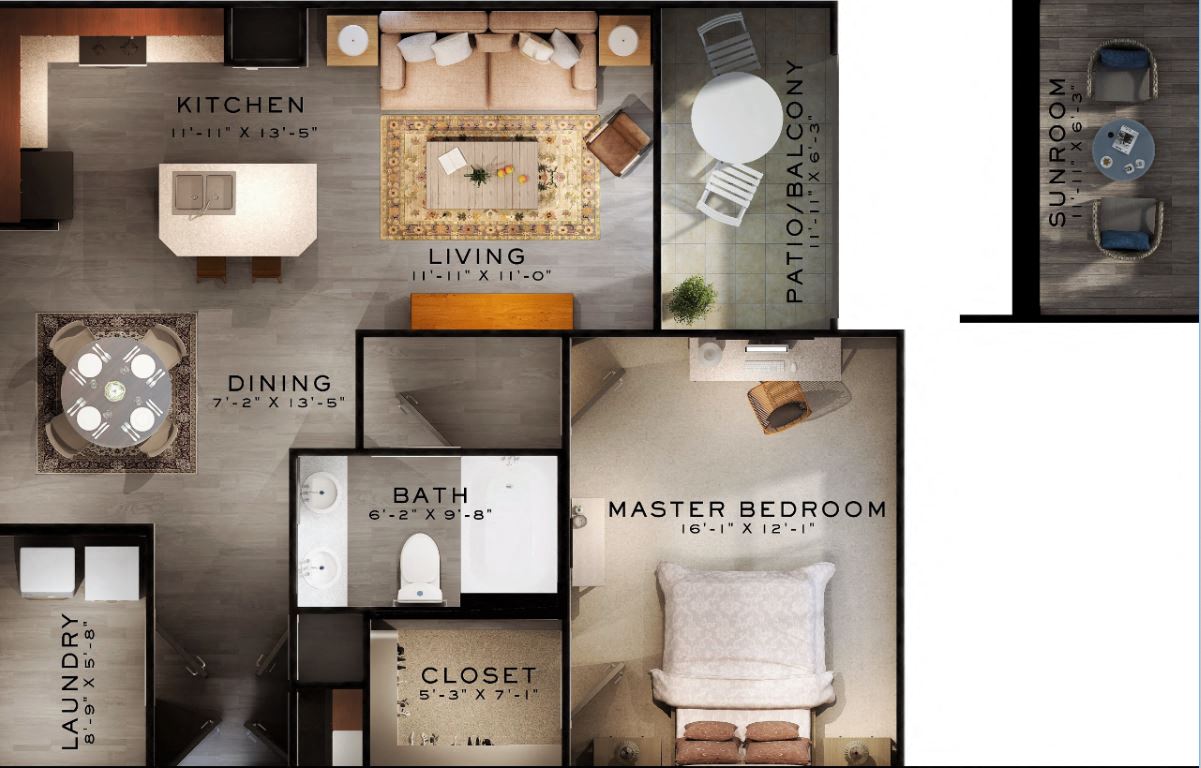 Floor plan for 1 bed, 1 bath, 914 sqft