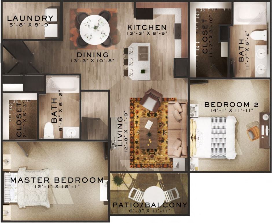 Floor plan for 2 beds, 2 baths, 1255 sqft