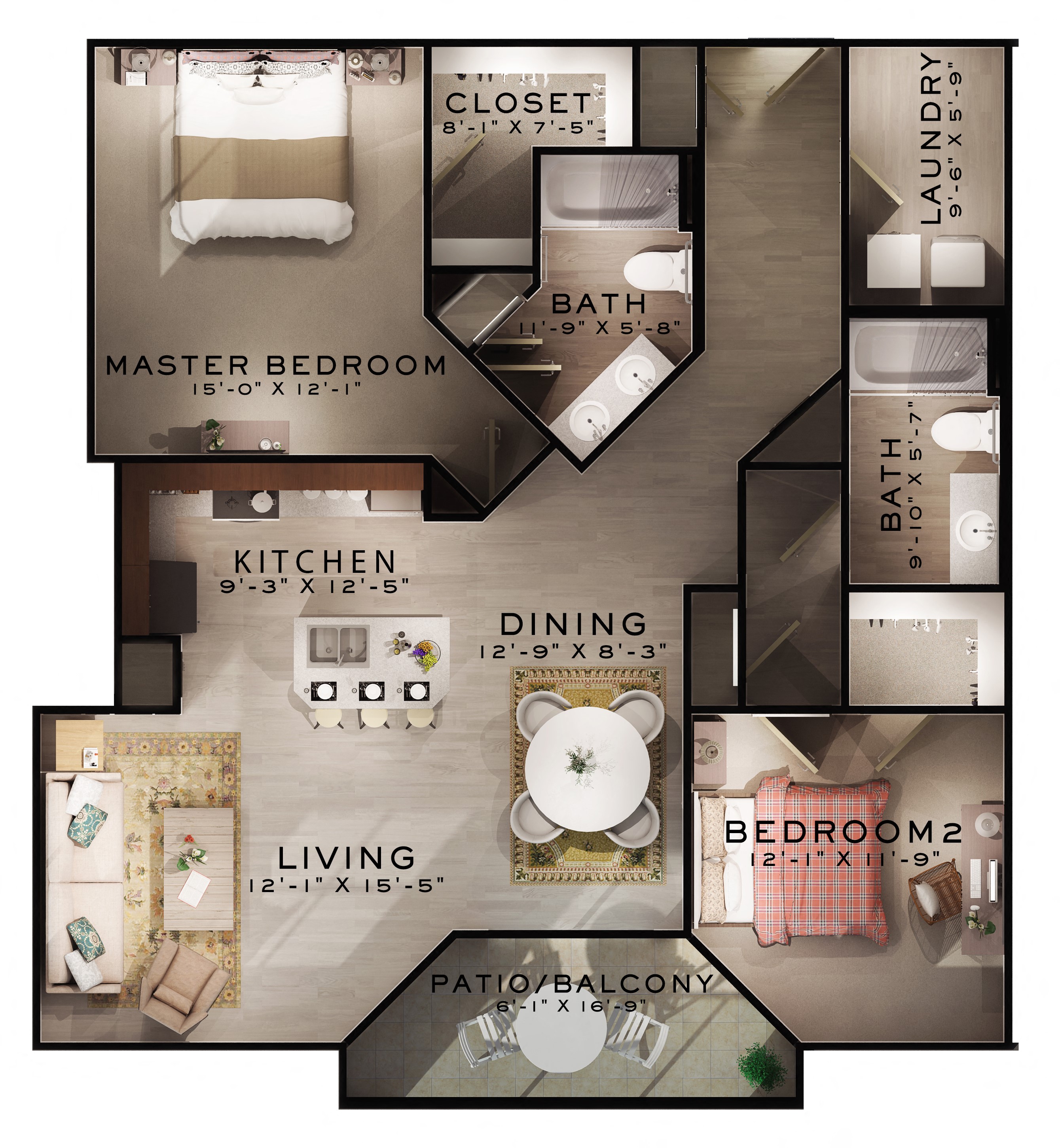Floor plan for 2 beds, 2 baths, 1185 sqft