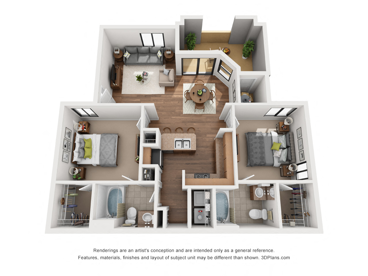 Floor plan for 2 beds, 2 baths, 1068 sqft