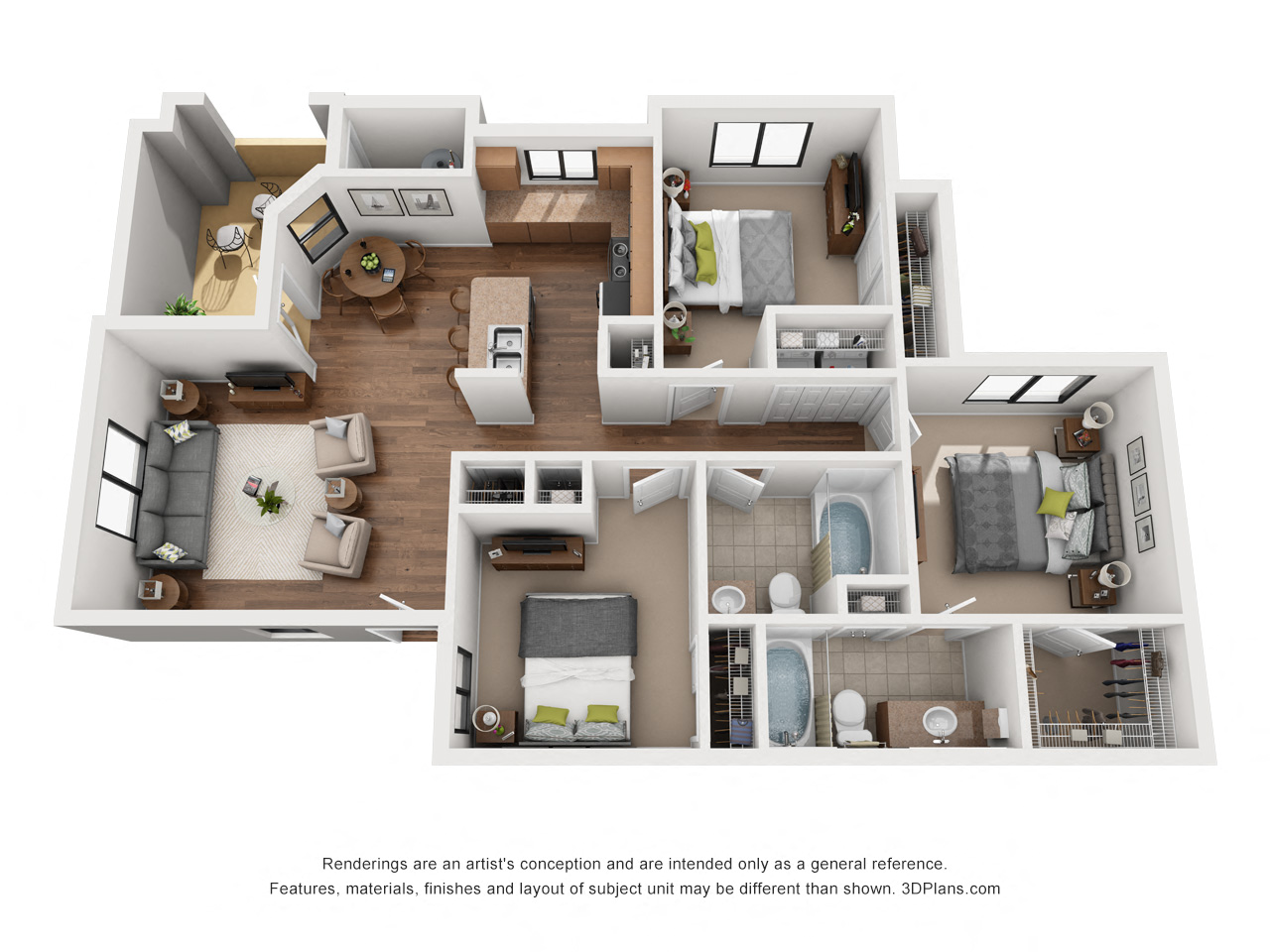 Floor plan for 3 beds, 2 baths, 1174 sqft