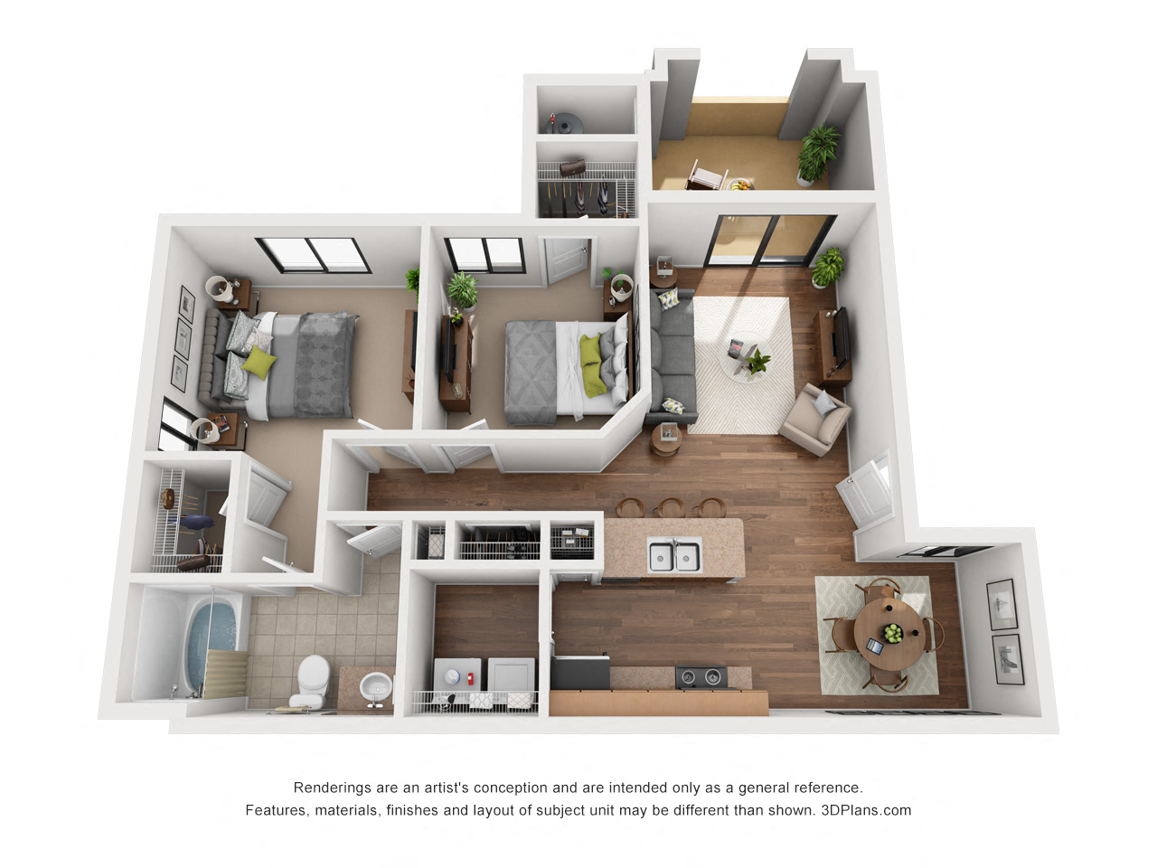 Floor plan for 2 beds, 1 bath, 964 sqft