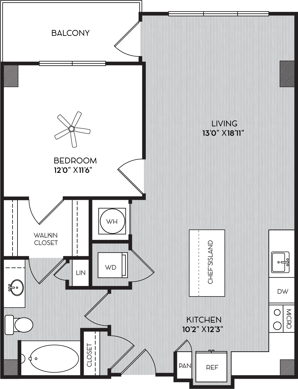 Floor plan for 1 bed, 1 bath, 779 sqft