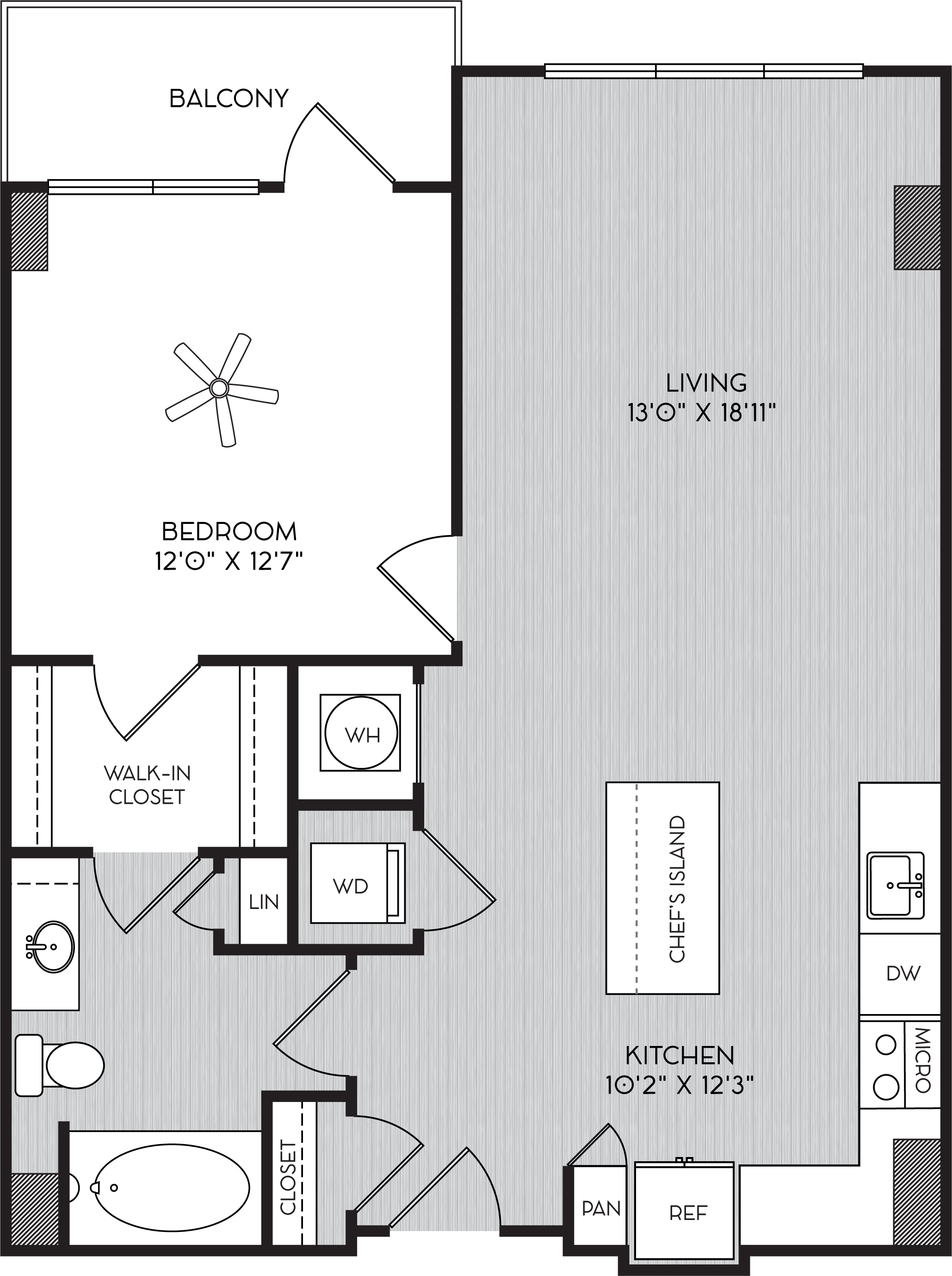 Floor plan for 1 bed, 1 bath, 794 sqft