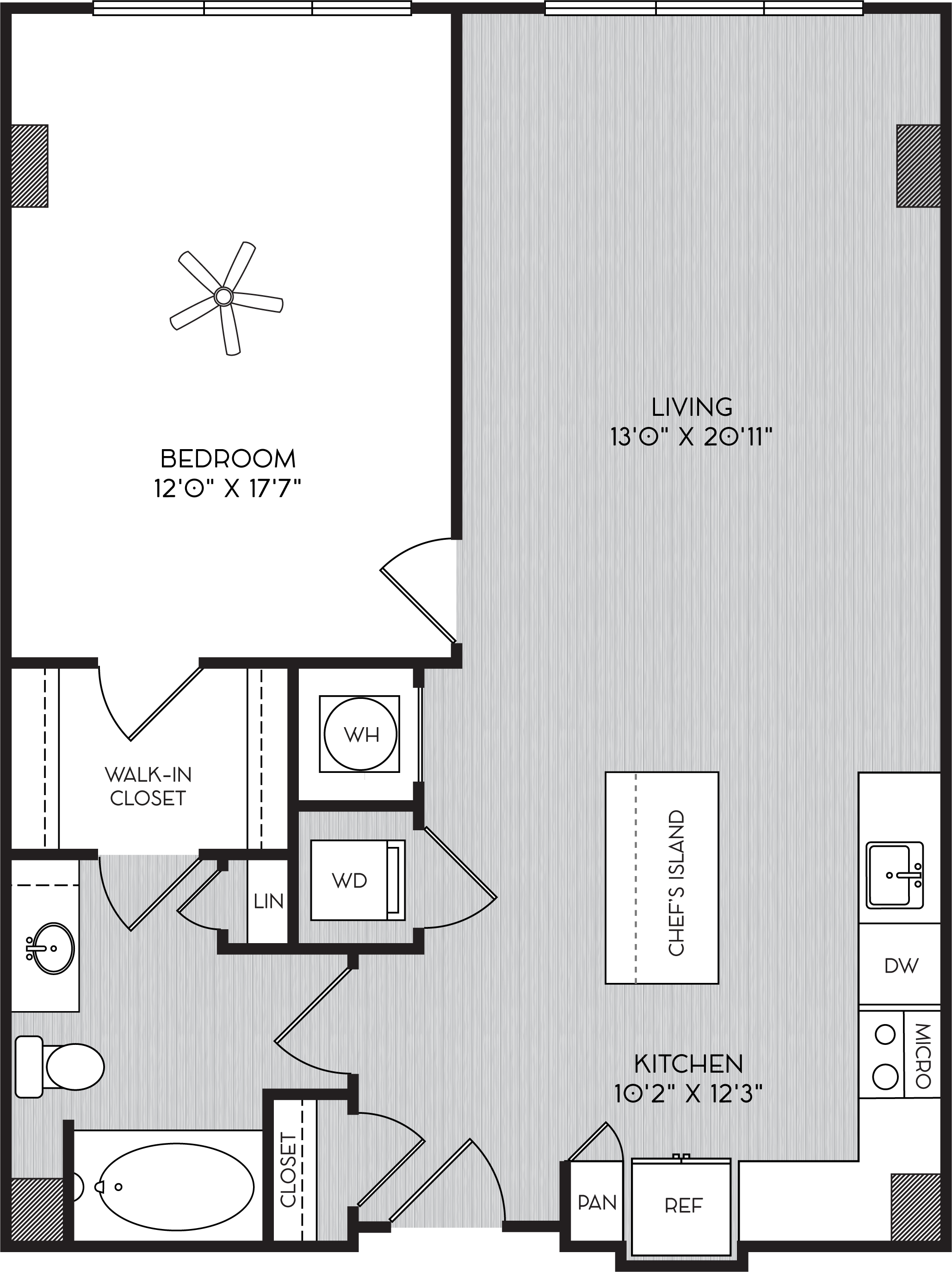Floor plan for 1 bed, 1 bath, 884 sqft