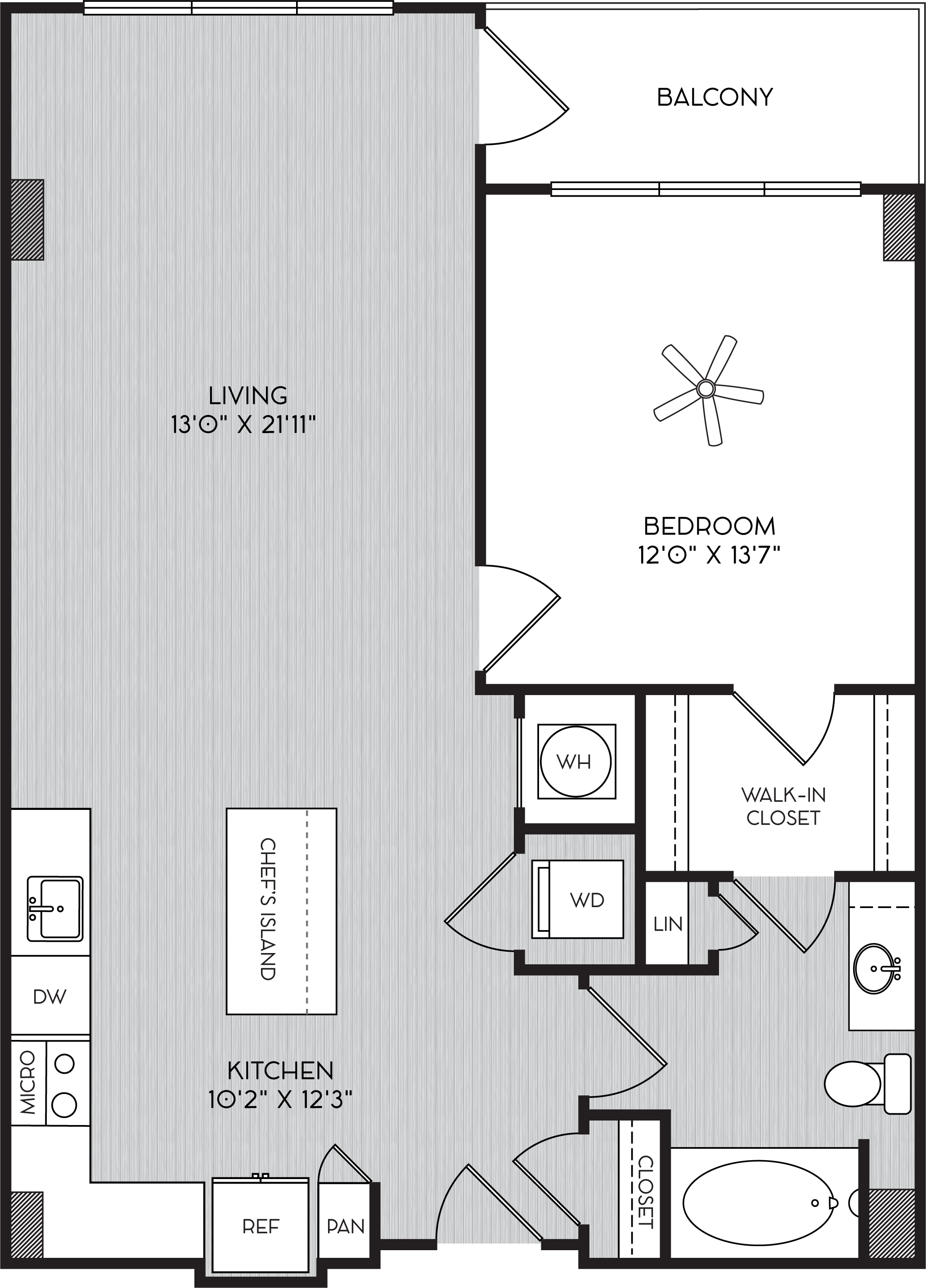 Floor plan for 1 bed, 1 bath, 847 sqft