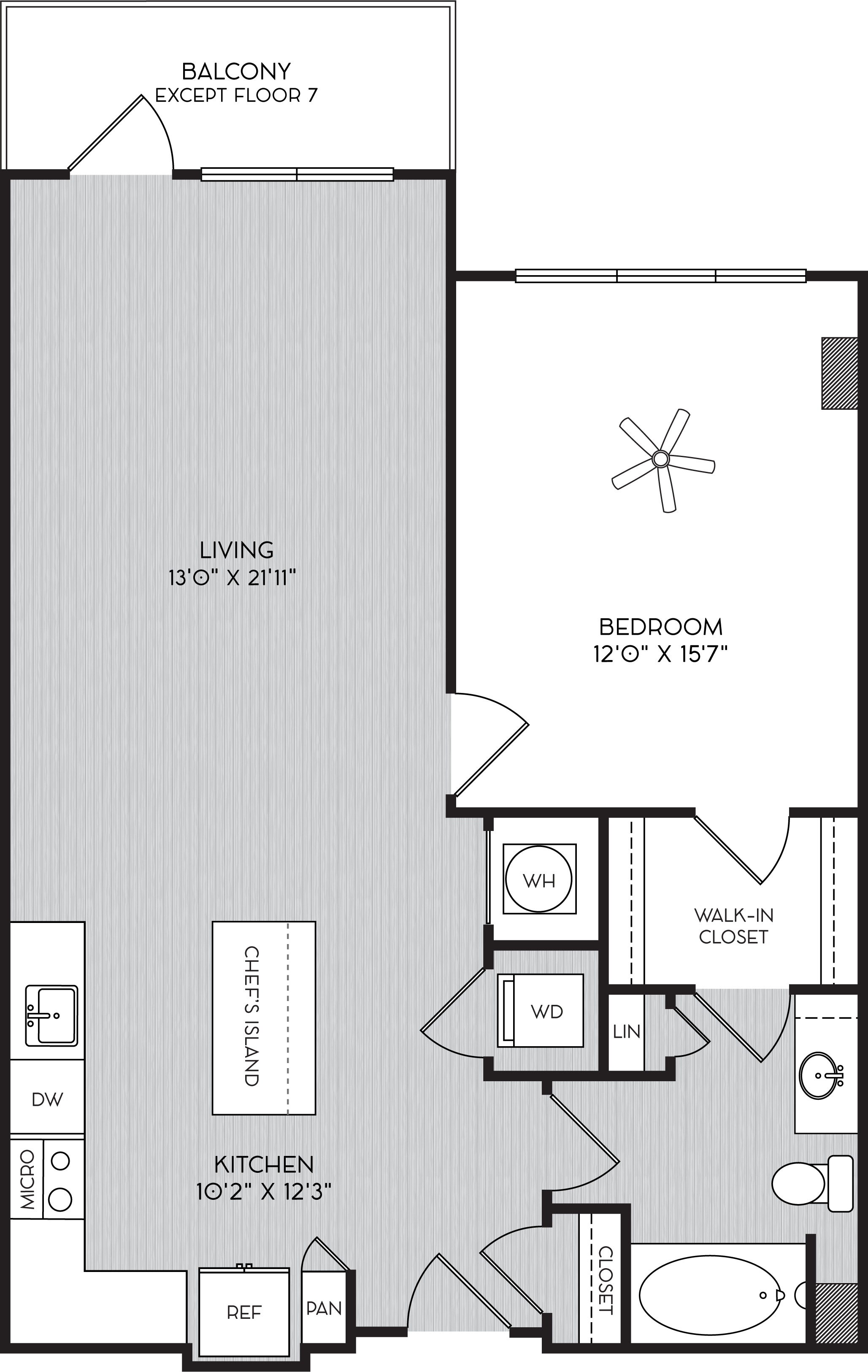 Floor plan for 1 bed, 1 bath, 872 sqft