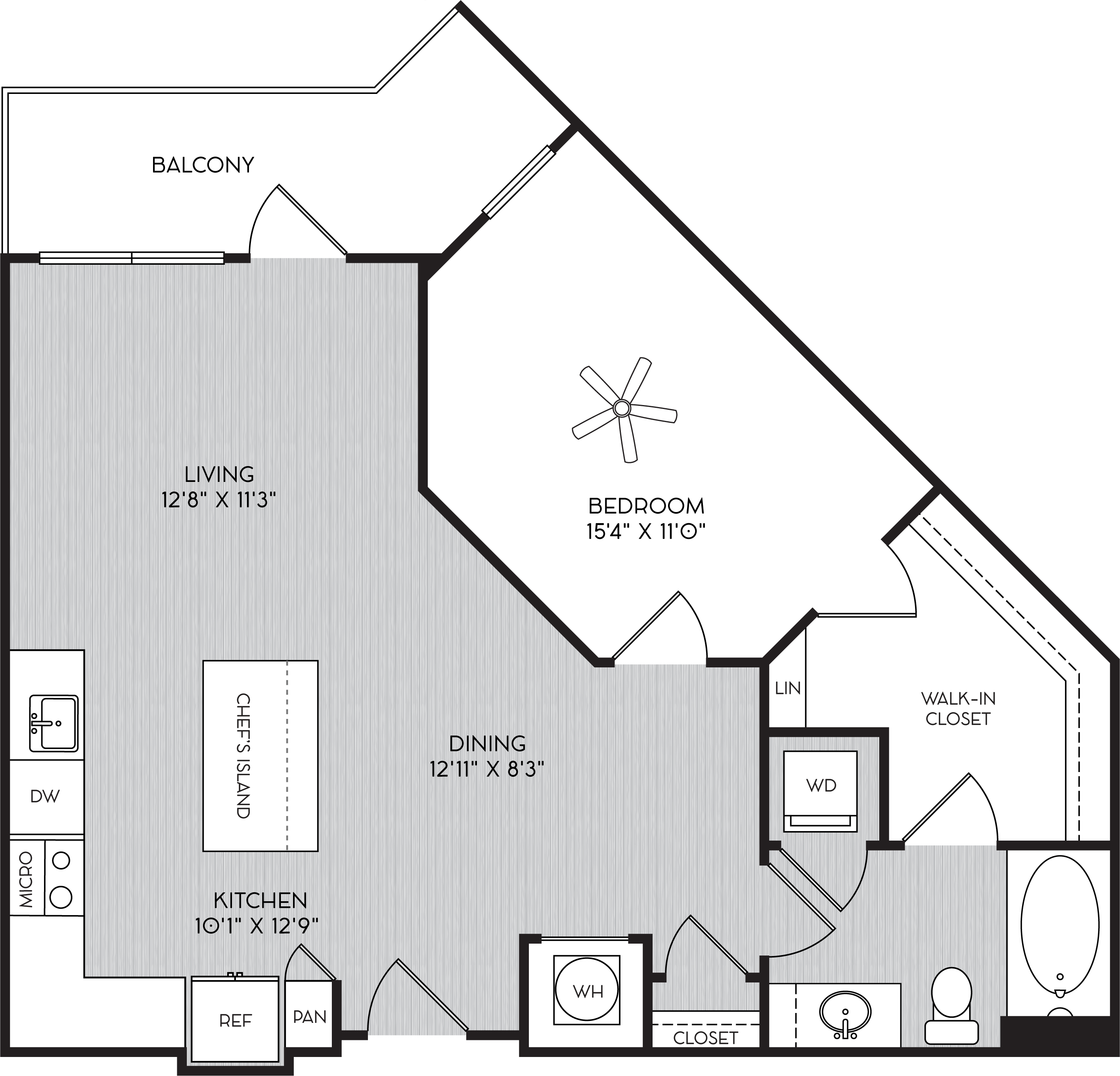 Floor plan for 1 bed, 1 bath, 798 sqft