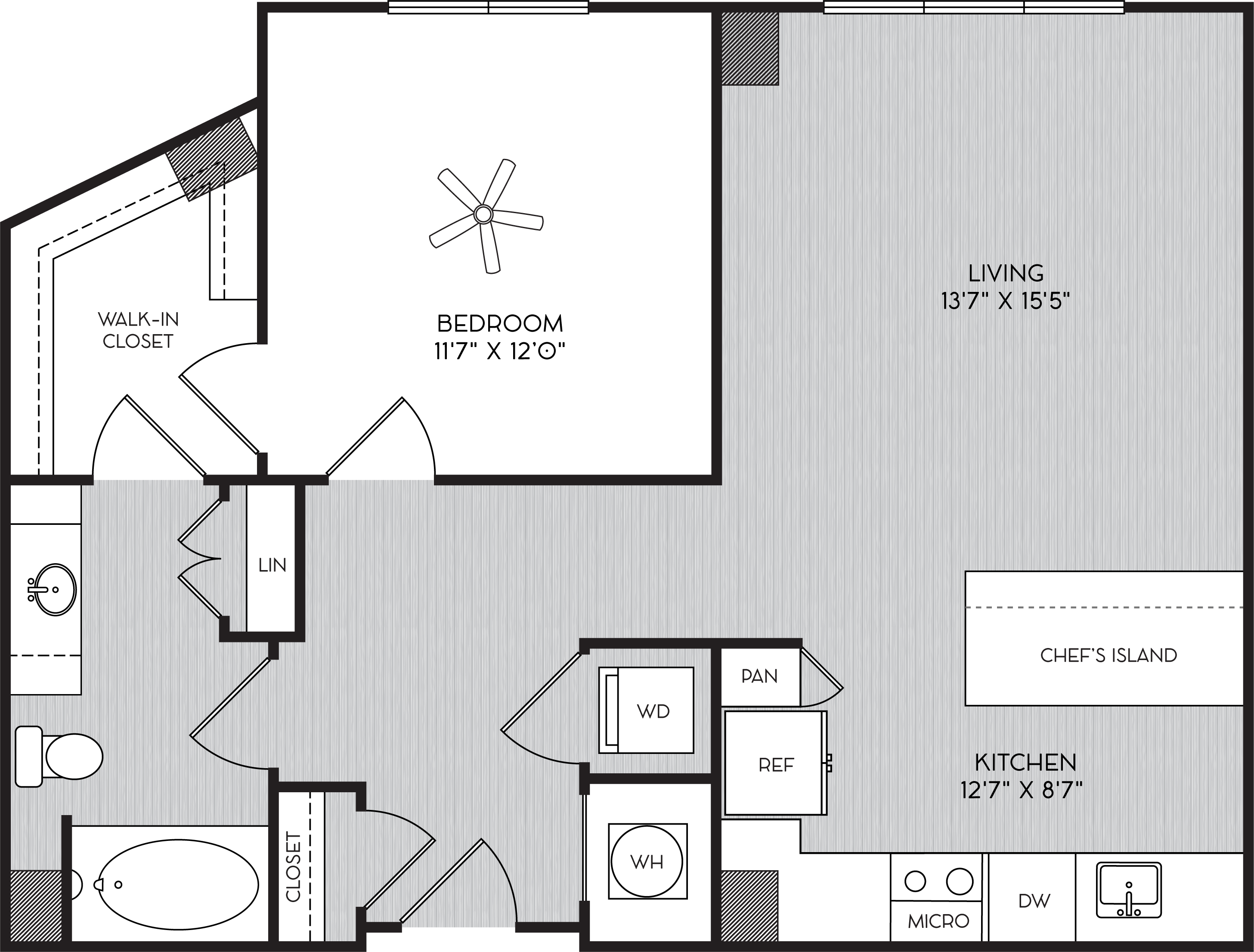 Floor plan for 1 bed, 1 bath, 788 sqft