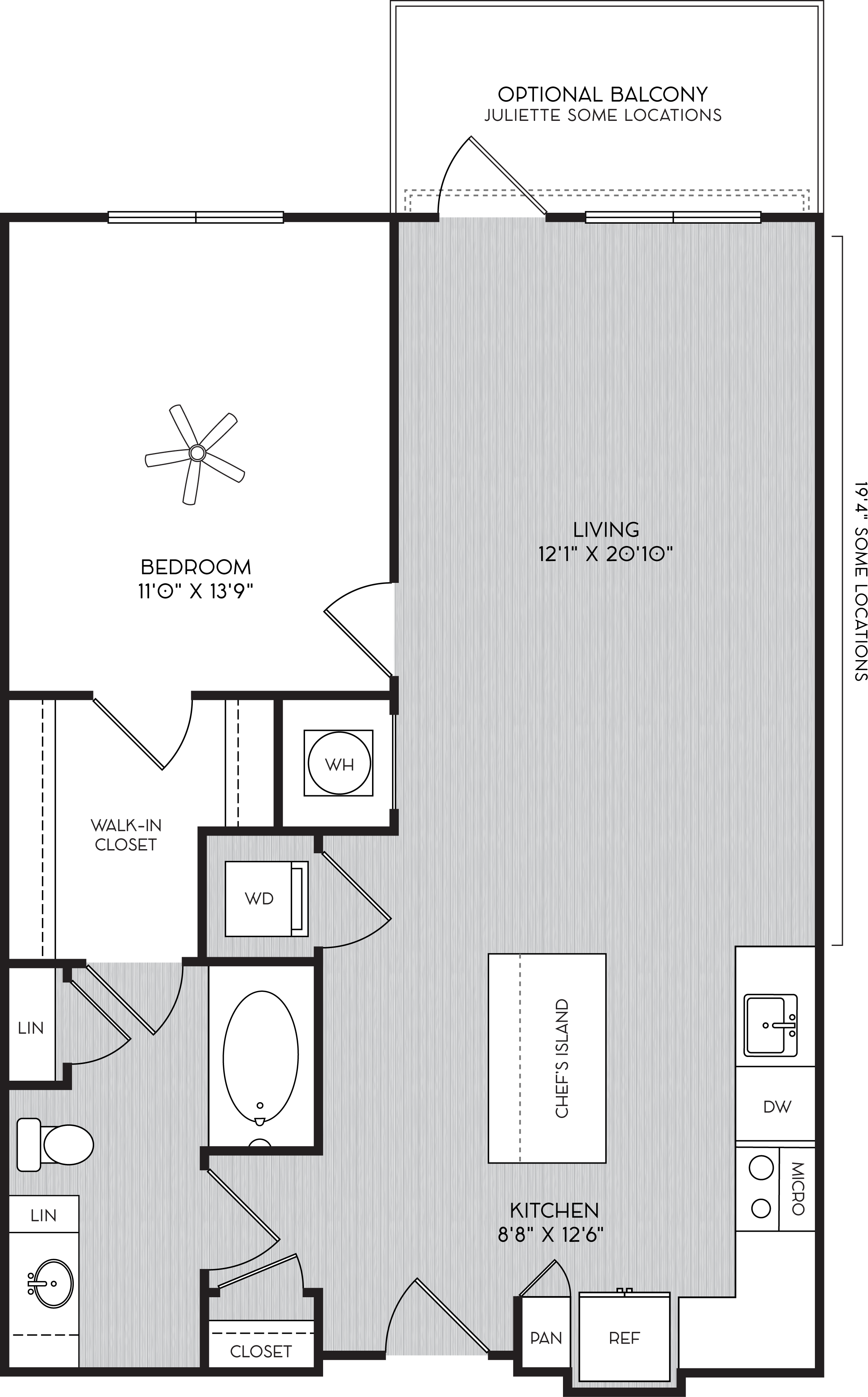 Floor plan for 1 bed, 1 bath, 797 sqft