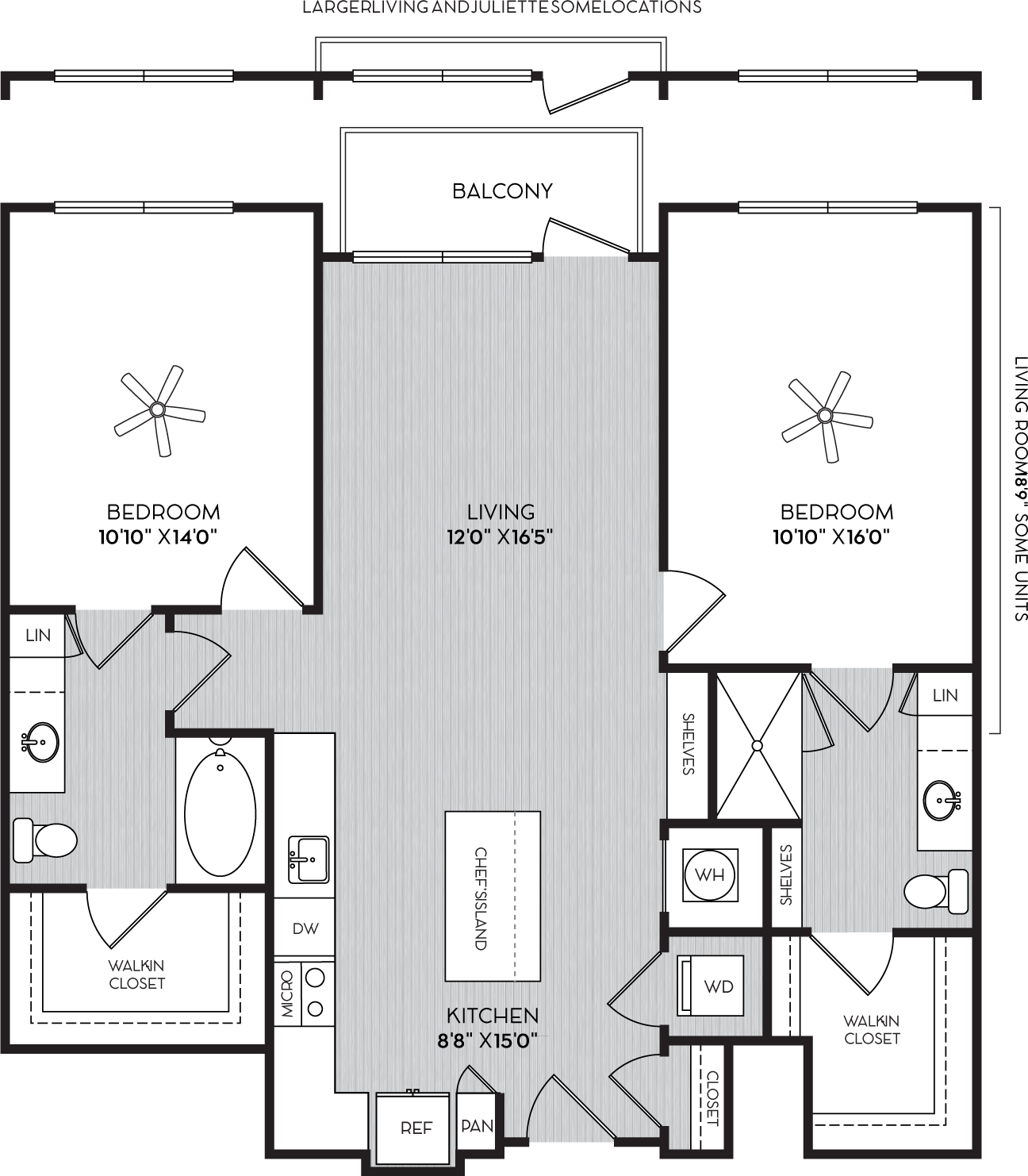 Floor plan for 2 beds, 2 baths, 1152 sqft