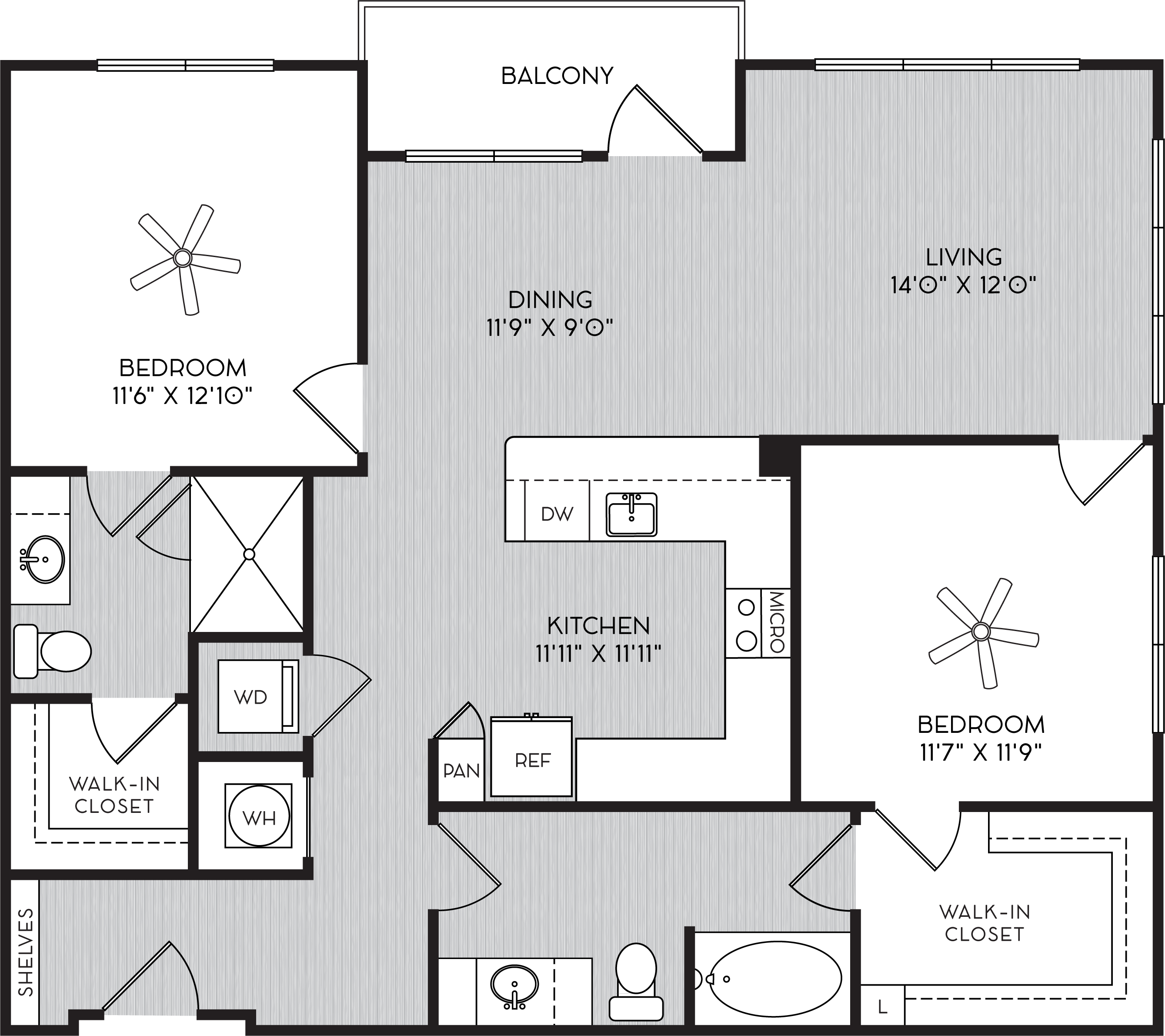 Floor plan for 2 beds, 2 baths, 1183 sqft