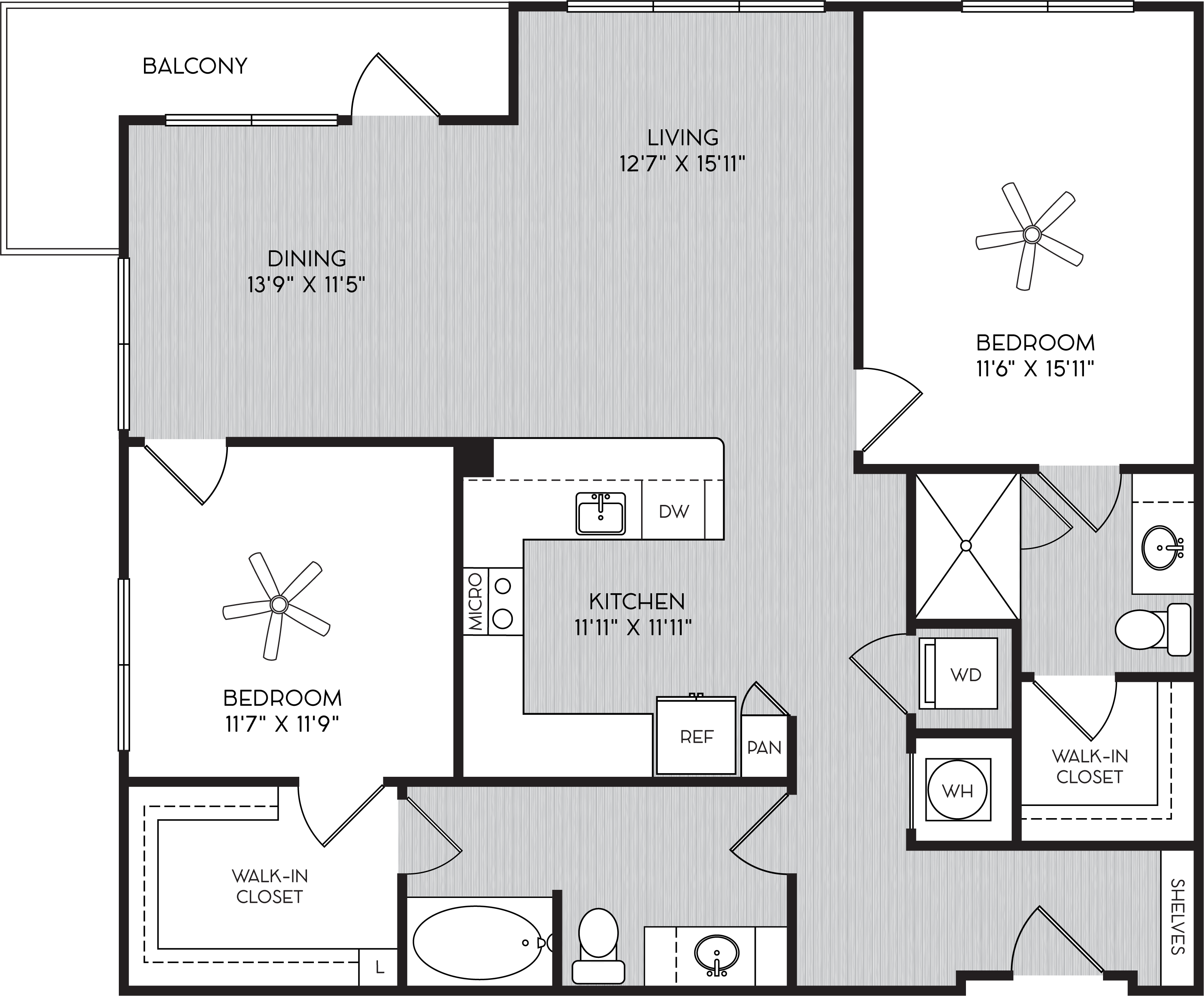 Floor plan for 2 beds, 2 baths, 1278 sqft