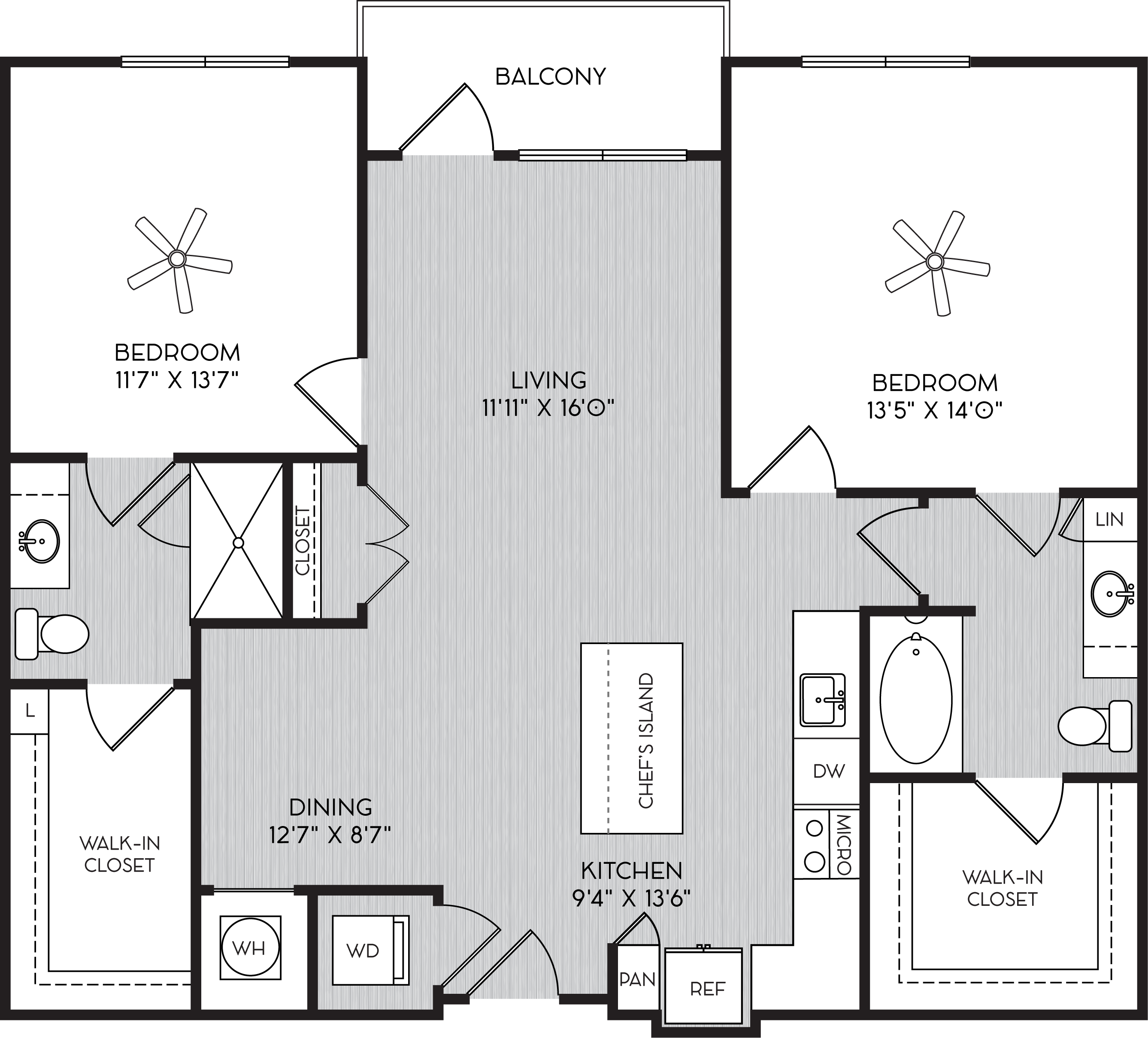 Floor plan for 2 beds, 2 baths, 1186 sqft