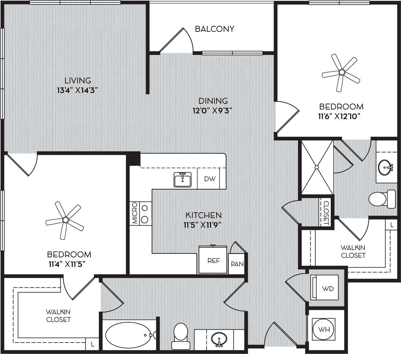 Floor plan for 2 beds, 2 baths, 1198 sqft