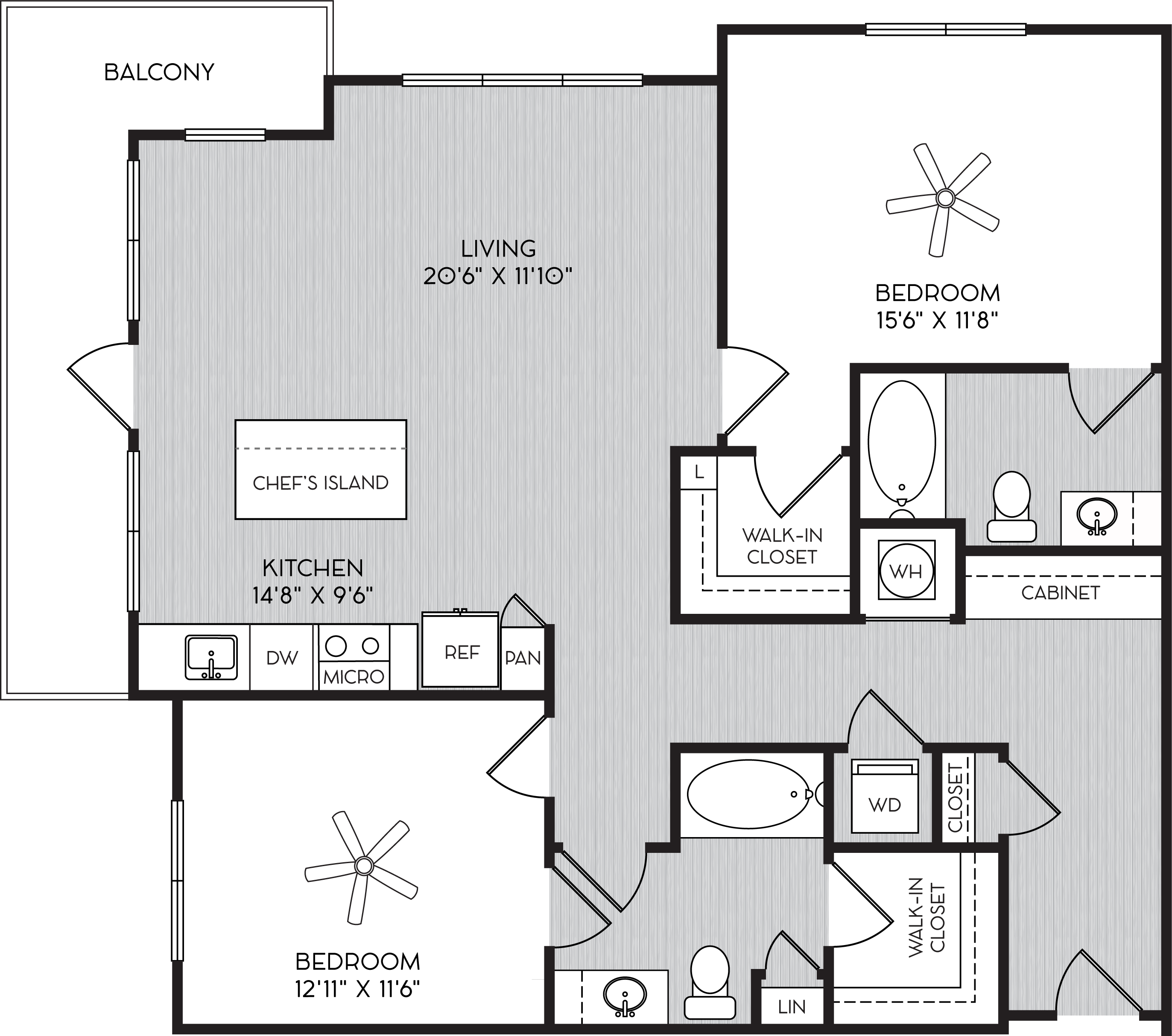 Floor plan for 2 beds, 2 baths, 1243 sqft