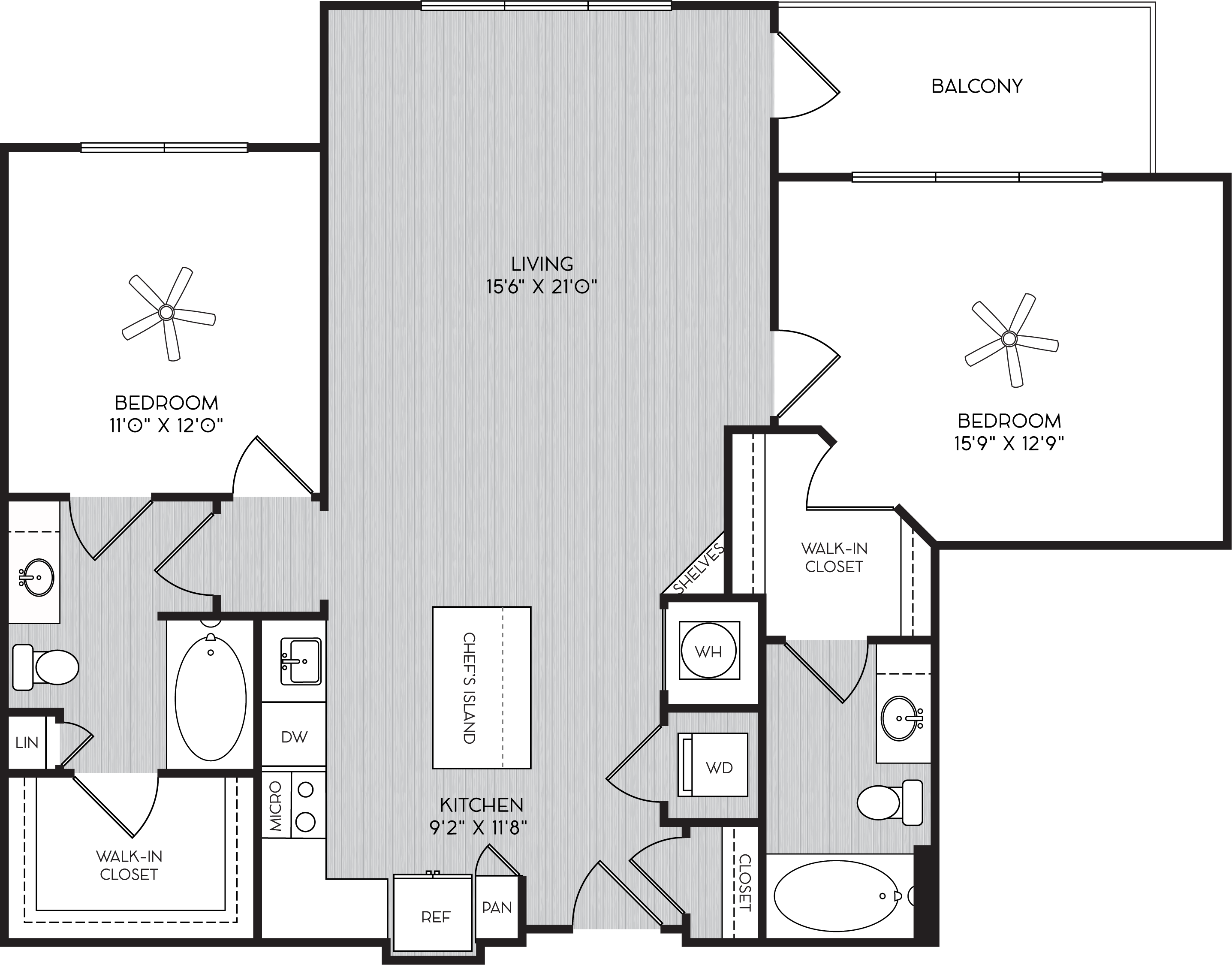 Floor plan for 2 beds, 2 baths, 1137 sqft