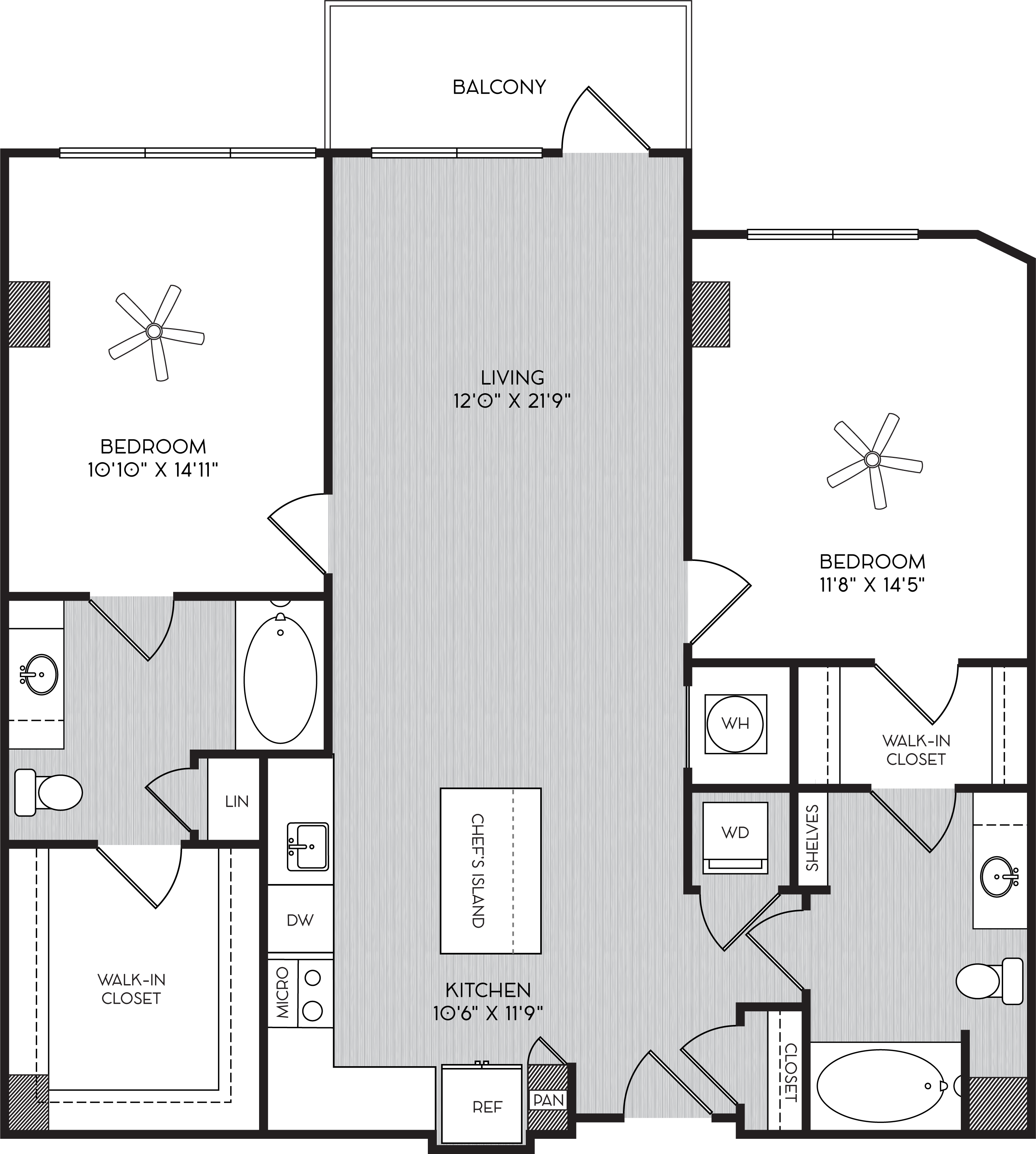 Floor plan for 2 beds, 2 baths, 1181 sqft