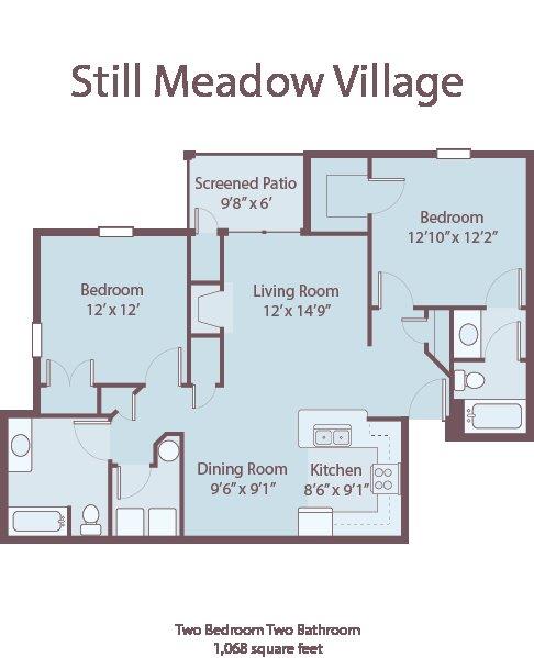 Floor plan for 2 beds, 2 baths, 1073 sqft