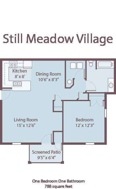 Floor plan for 1 bed, 1 bath, 788 sqft