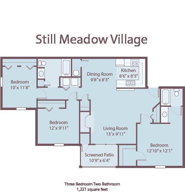 Floor plan for 3 beds, 2 baths, 1221 sqft