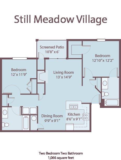 Floor plan for 2 beds, 2 baths, 1066 sqft