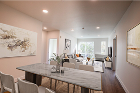 Lakewood apartment for rent - A dining room with a marble table and chairs.