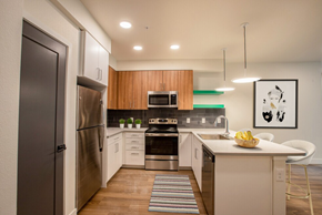 Lakewood apartment for rent - A modern kitchen with a refrigerator, oven, and sink.