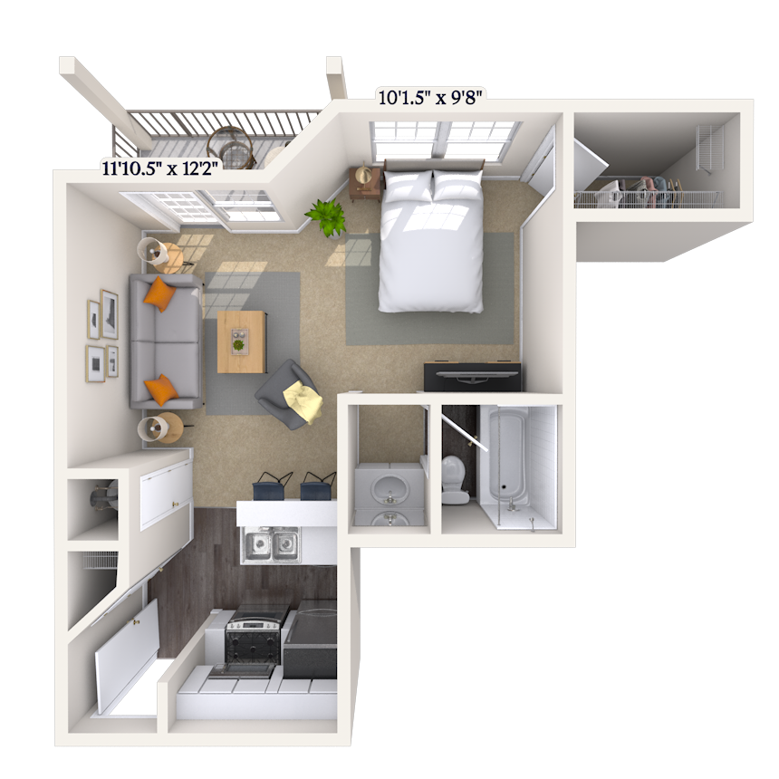 Floor plan for studio, 1 bath, 535 sqft